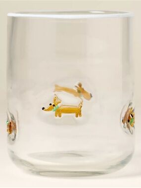 Set of 2 Anthropologie Clear Glass Tumbler with Yellow Dachshund Motif